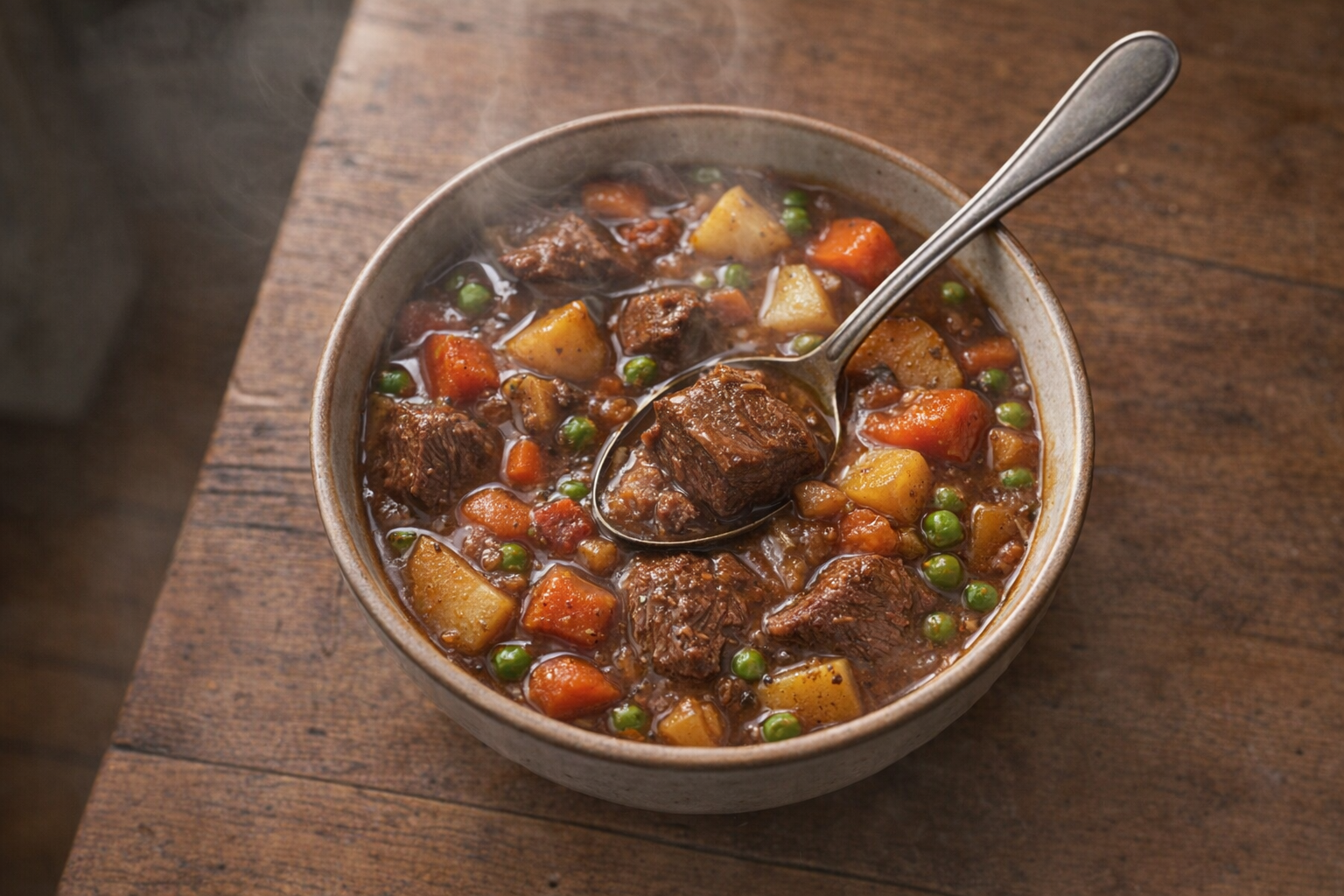 A top-down shot of a steaming bowl of beef stew, loaded with tender beef and colorful vegetables, set against a rustic wooden table with a spoon resting in the bowl